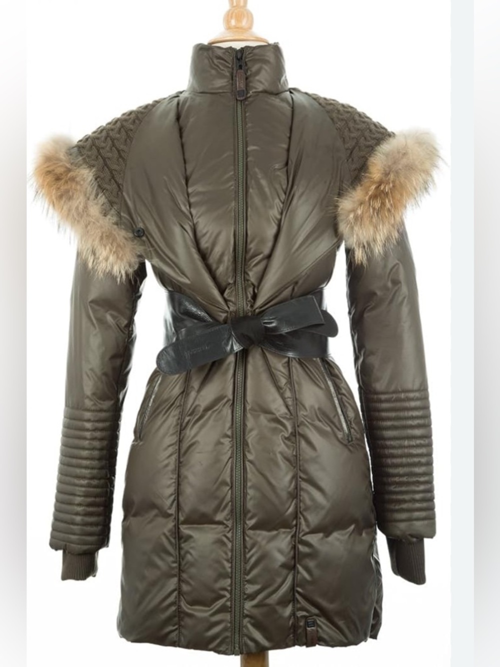 Rudsak Sophie Belted Puffer Coat Real Fur Trim Hood Moto Sleeve Jacket